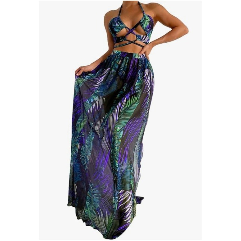Bikini Set‎ Tropical Print Criss Cross Cut Out Halter Cover Up Skirt Women's M